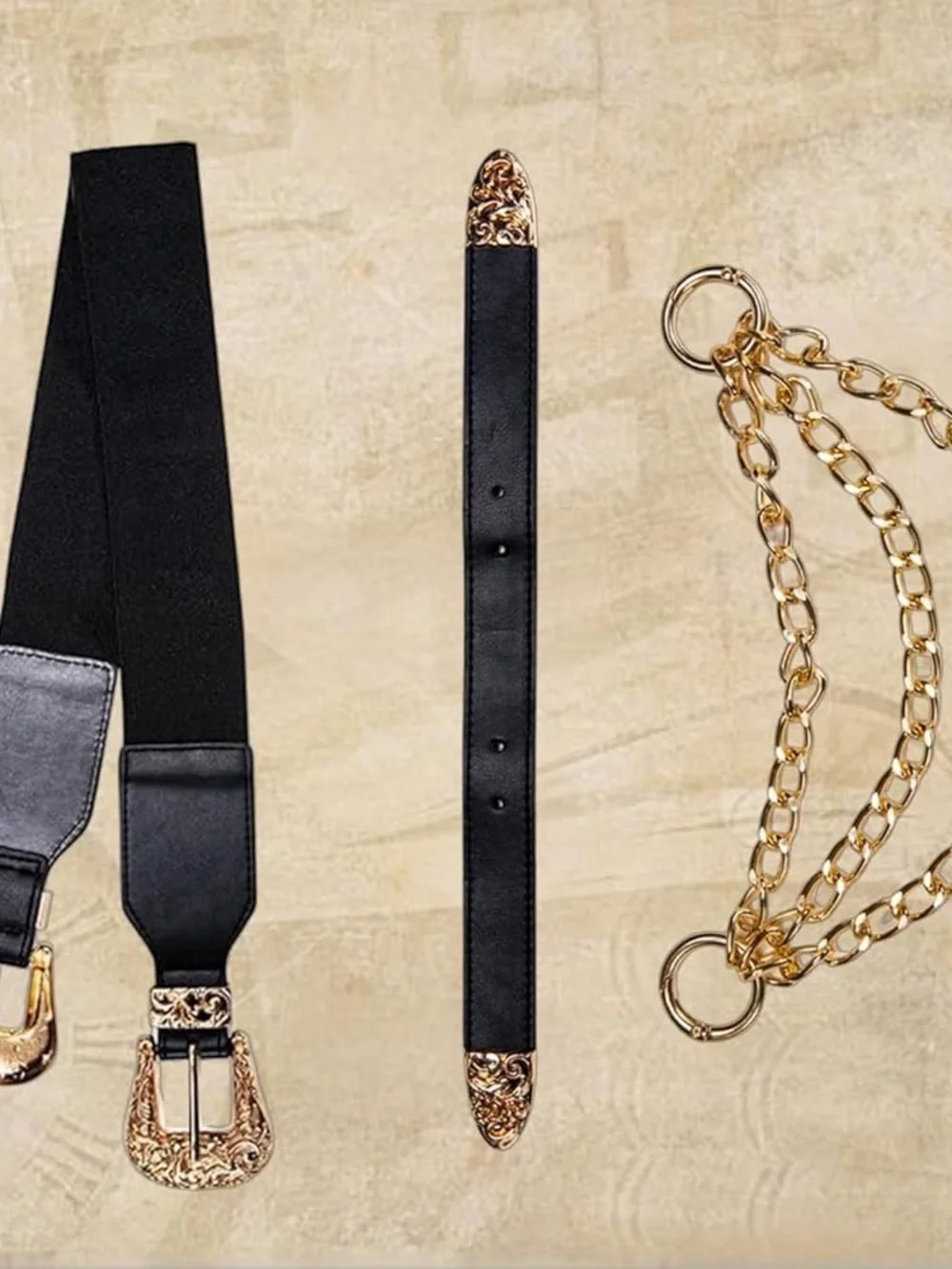 Black Leather Waist Belt with Gold Buckles & Chain Accent